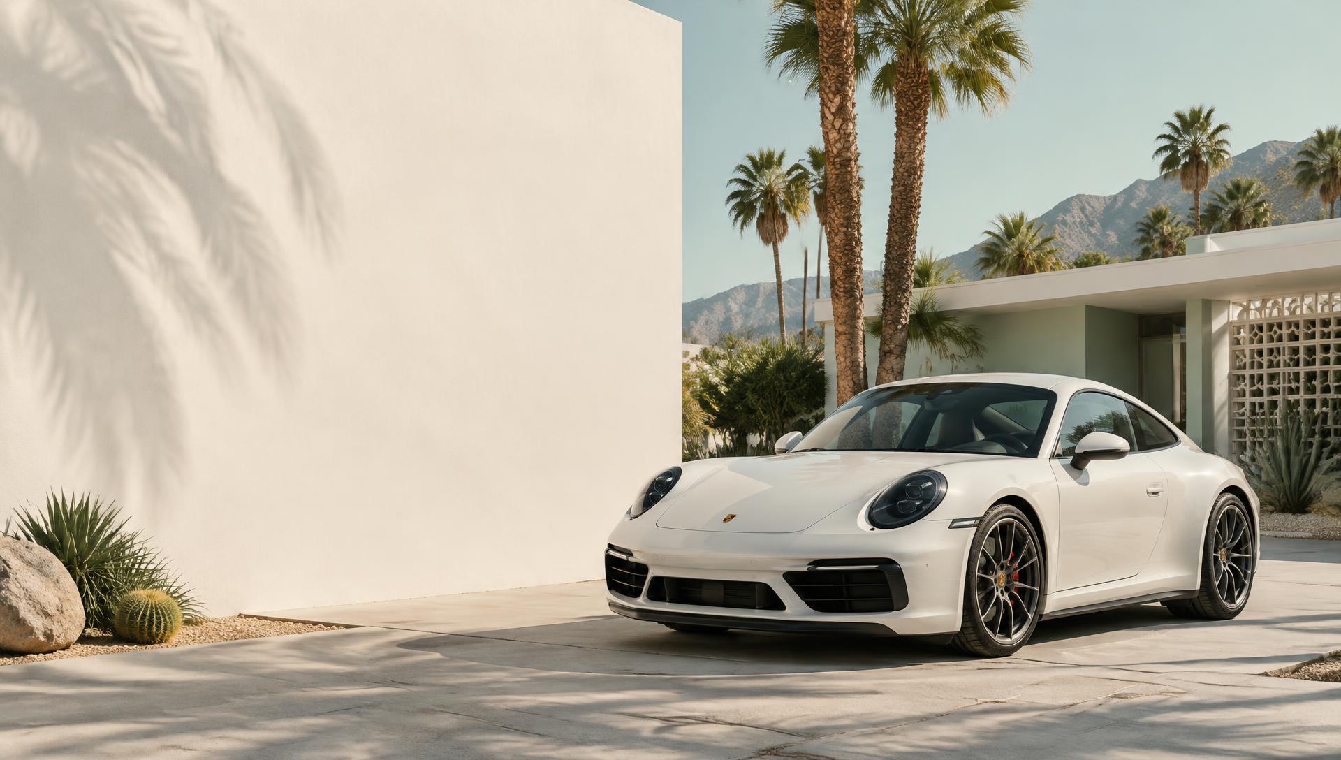 Coupé sportif blanc devant une villa californienne et des palmiers